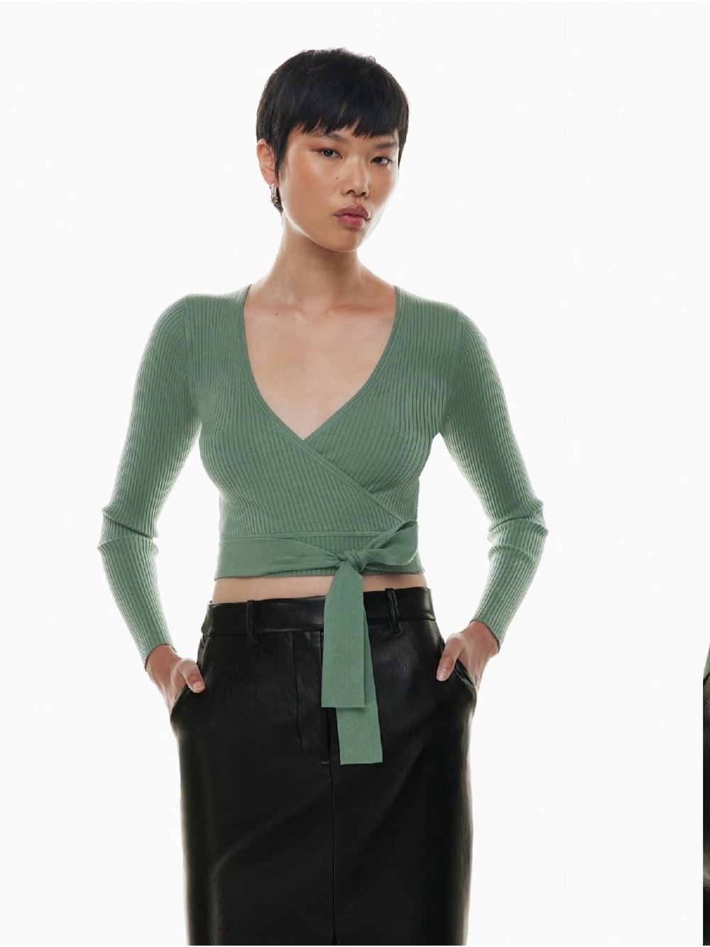 Wilfred Sage Green All Tied Up Longsleeve Sweater Ribbed Cropped size small